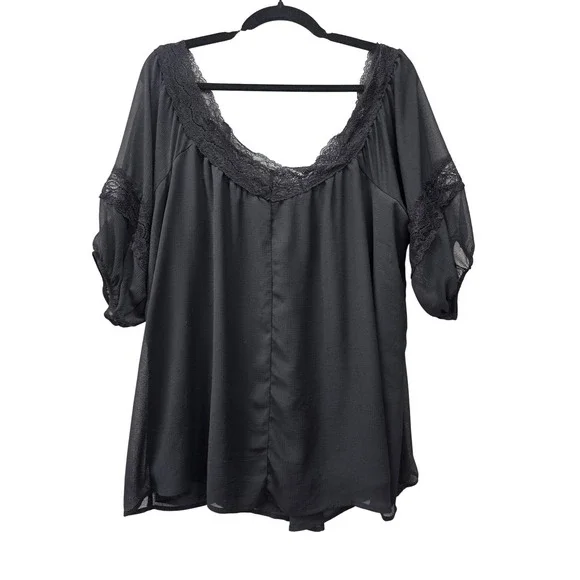 Torrid Black Lace Trim Off Shoulder Chiffon Blouse Plus Size 1 Boho Top - Picture 2 of 9